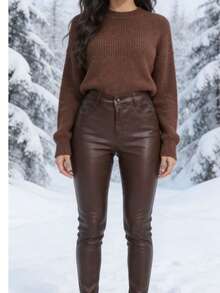 Imported Leather Trousers With Buttons And Zipper. Lined With Short Wool For Added Warmth. - Café integral - Ver 1
