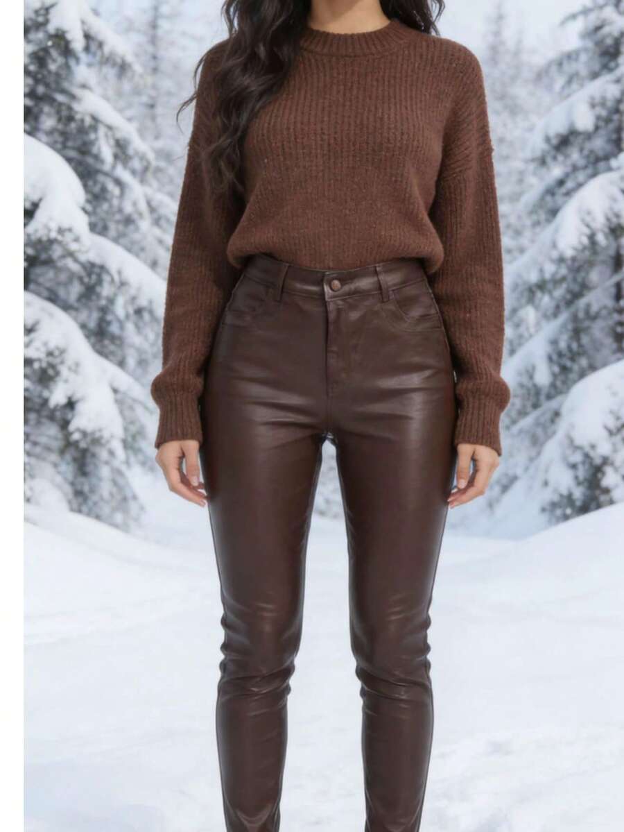 Imported Leather Trousers With Buttons And Zipper. Lined With Short Wool For Added Warmth. - Café integral - Ver 1