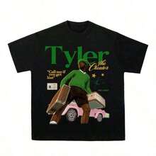 COOL SUMMER RULEE Tyler Creators Retro Summer Hop-Shirt Men's And Women's Crewneck Trendss High Quality Street Short Sleeves-Motion Tee - 黑色 6 - 查看 2
