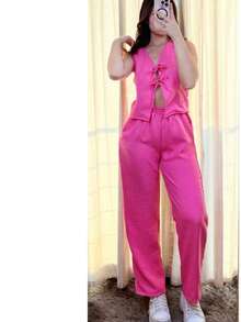 conjunto mujer dos piezas rosa fucsia topo sin mangas con lazo frontales y pantalón holgado con textura fresca - Rosa Fucsia - Ver 3