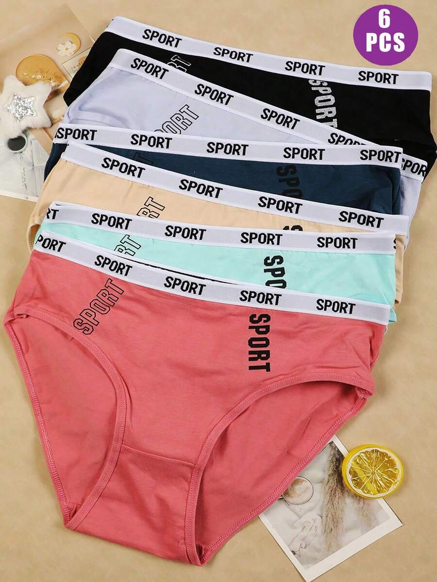 6-Pack Soft & Comfortable Women's Mid-Rise Briefs | Assorted Colors (Blue,Navy Blue Light Pink, Beige, Purple, Dark Gray), Athletic Underwear With Stylish "SPORT" Letter Print - 多色A - 查看 1