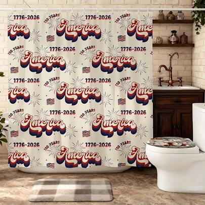 "Vintage America 250th Anniversary Shower Curtain, Retro America Letter With 1776-2026 Firework Pattern Waterproof Polyester Shower Curtain Set With Hooks, Patriotic Semiquincentennial Bathroom Decor For 4th Of July Celebration"