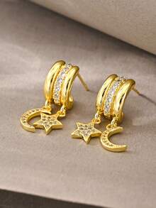 一对金色耳环，时尚优雅简约奢华高端金铜镶嵌立方氧化锆吊坠耳环，适合女性日常佩戴 - 金色 - 查看 1