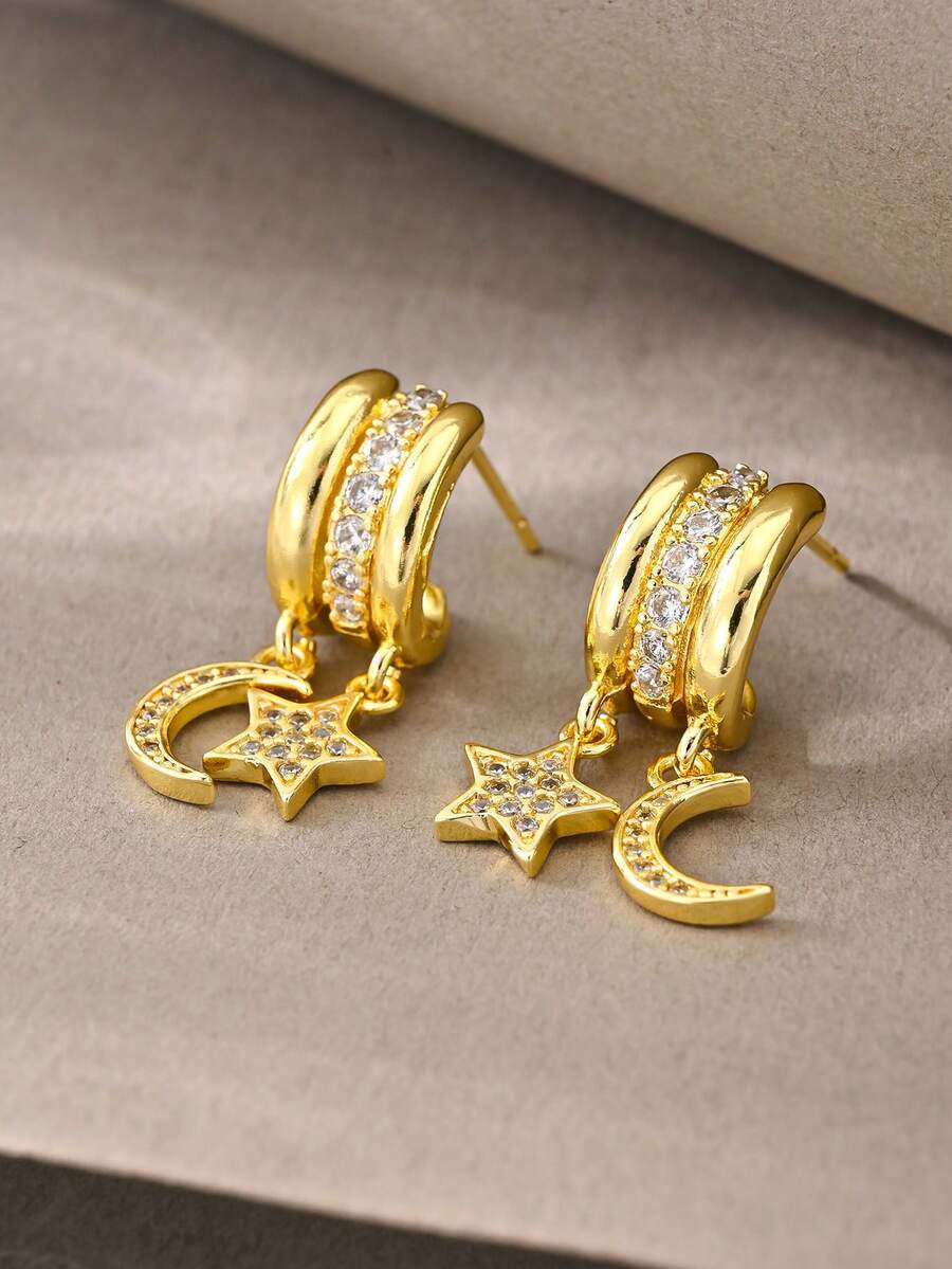 一对金色耳环，时尚优雅简约奢华高端金铜镶嵌立方氧化锆吊坠耳环，适合女性日常佩戴 - 金色 - 查看 1