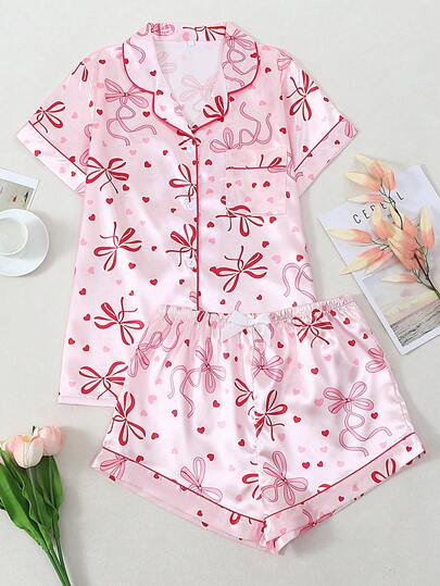 心形蝴蝶结印花女士府绸短袖短裤睡衣套装