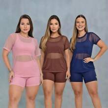 Set Of 3 Women's Tulle Tops For The Gym – Lightweight And Stylish - 3 Transparent Women's Workout Shirts – Comfort And Coolness - Set With 3 Fitness Tulle Tops - 粉紅色 棕色 藍色 - 查看 1