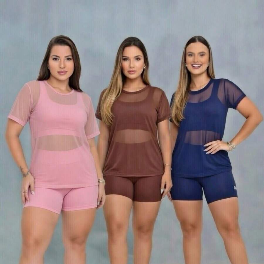 Set Of 3 Women's Tulle Tops For The Gym – Lightweight And Stylish - 3 Transparent Women's Workout Shirts – Comfort And Coolness - Set With 3 Fitness Tulle Tops - 粉紅色 棕色 藍色 - 查看 1