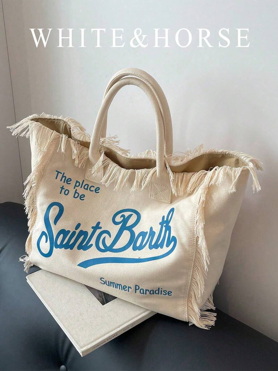 大容量女士手提包，新款字母印花设计，简约时尚百搭单肩包 - 白色 - 查看 1