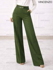 Women's Tailored Trousers, Wide Leg, High Waist, With Belt, Casual, Elegant - 軍綠色 - 查看 1