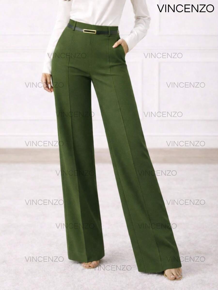 Women's Tailored Trousers, Wide Leg, High Waist, With Belt, Casual, Elegant - 軍綠色 - 查看 1