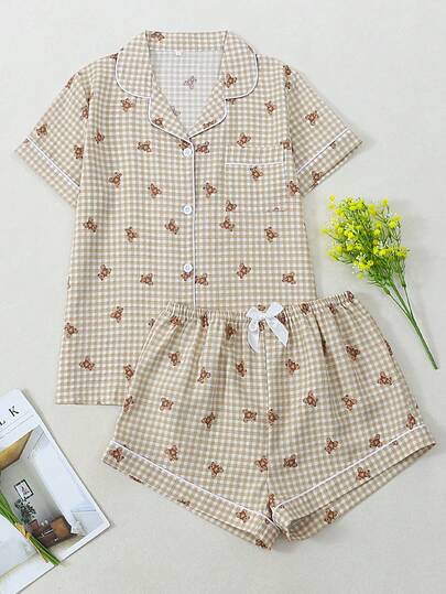 Plaid Bear Print Women Bubble Crinkle Short Sleeve Shorts Pajama Set