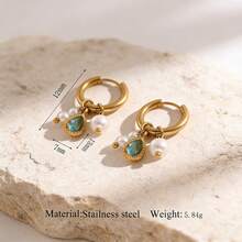 复古金色不锈钢耳环，饰以水滴形宝石和仿珍珠吊坠，优雅女士耳环 - 金色 - 查看 10