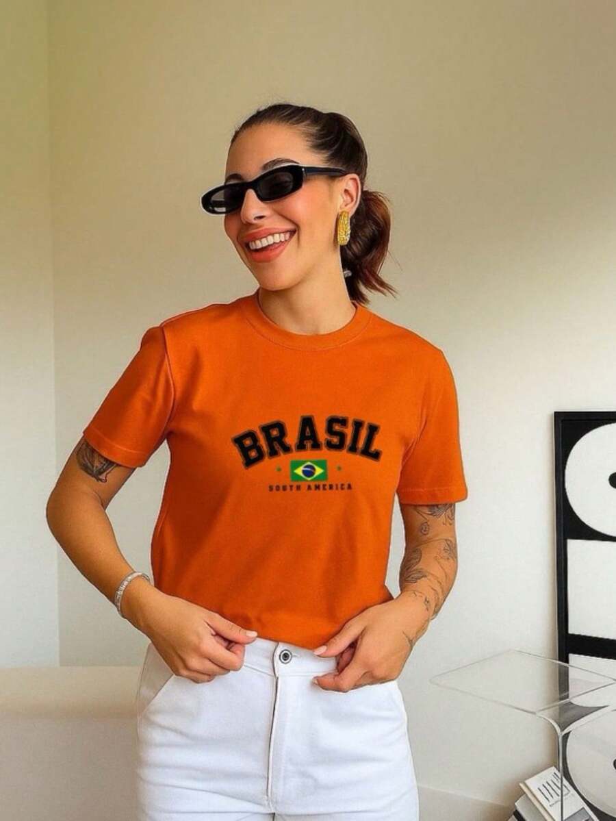 Women's T-Shirt With Brazil World Cup Print, Cotton Blouse, Round Neck - 橘色 - 查看 1