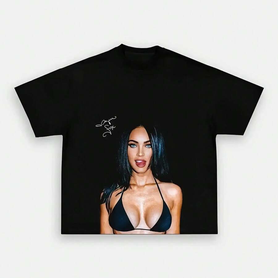 Megan Fox Signature Portrait Graphic 100%Cotton Men's Shirt 2026 Summer New O-Neck Oversized Short Sleeve Women's Fashion Tshirt - 黑色 - 查看 1