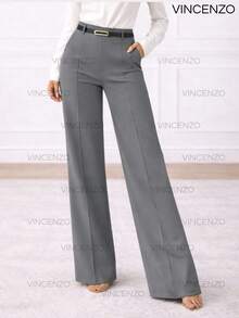 Women's Tailored Trousers High Waist Wide Leg Pants With Belt Casual Elegant - 灰色 - 查看 1