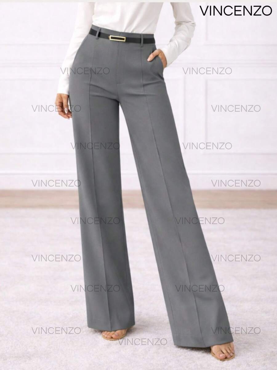 Women's Tailored Trousers High Waist Wide Leg Pants With Belt Casual Elegant - 灰色 - 查看 1