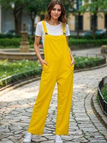 Overol Sexy Tirantes de Pierna Ancha Casual para Mujer - Amarillo Canario - Ver 3