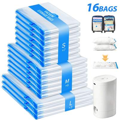 16 Pack Vacuum Seal Storage Bags With Rechargeable Wireless Pump  (7 Small, 6 Medium, 3 Large)Vacuum Storage Bags Space Saver Travel Size For Storage For Luggage, Vacuum Storage Bags For Clothes, Bedding, Pillows, Quilts, Blankets