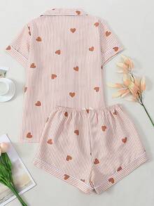 Striped Heart Print Short Sleeve Shorts Pajama Set For Women - Watermelon Pink - View 10