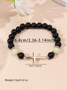 1条极简复古合金十字夜光珠黑色哑光串珠手链，男女皆宜 - 十字架串珠手鍊 - 查看 5