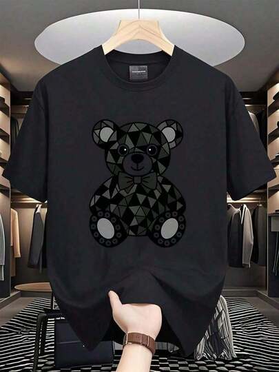 Almacen local,playeras de hombre,camisas para hombre,ropa de hombre,playeras de algodón para hombre,playera hombre,Oso geométrico camiseta 180g negra y blanca algodón,estampado moderno oso corbata,algodón impresión alta calidad,cuello redondo,ajuste básico holgado,hombres y mujeres,transpirable,versátil,lavable a máquina,cómoda,talla S ~ 3XL,diario,casual,deportes,imprescindible verano
