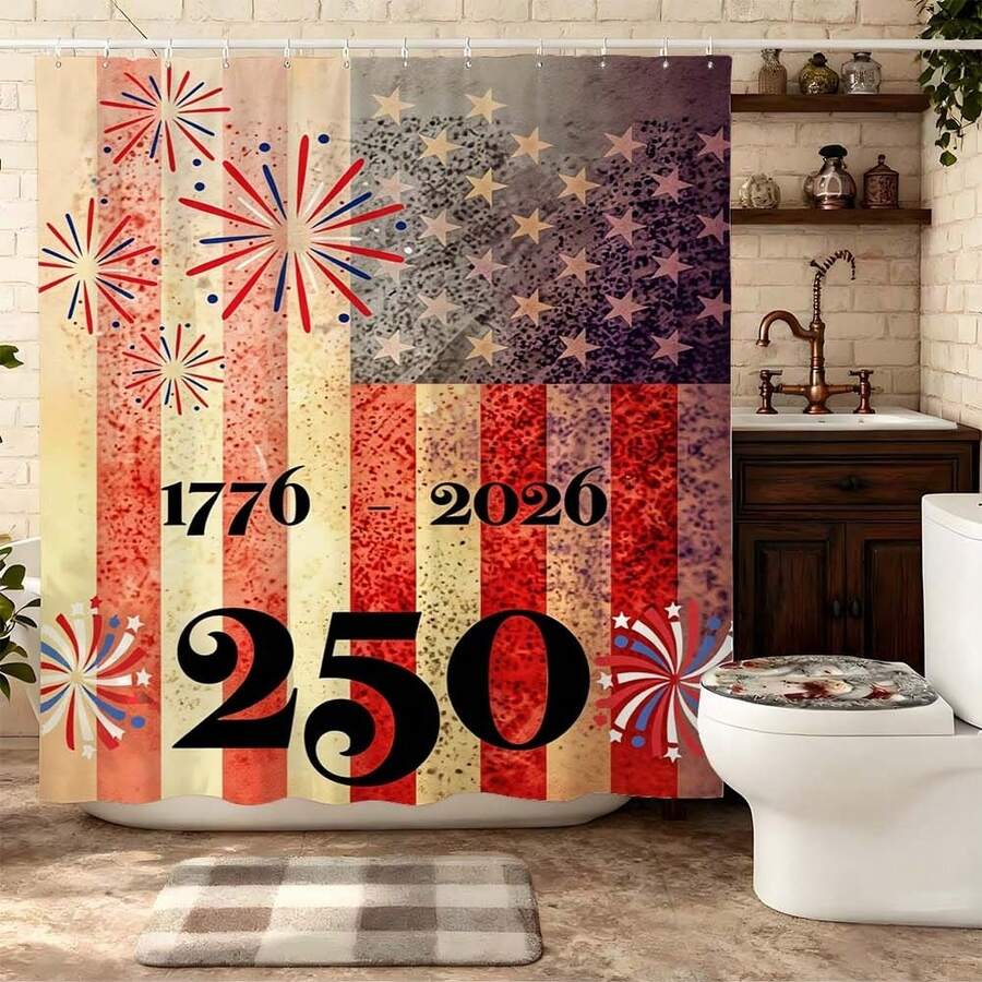 Tenda da doccia con acquerello di fuochi d'artificio per il 250° anniversario degli USA, 1776-2026 Tenda da doccia in poliestere impermeabile con motivo di bandiera americana e fuochi d'artificio, decorazione patriottica per il bagno - Blu e rosso - Visualizzare 1