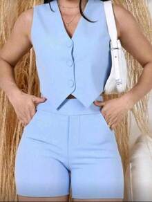 Women's Tailored Suit – Vest And Shorts For An Elegant And Comfortable Look! - 淺藍色 - 查看 2