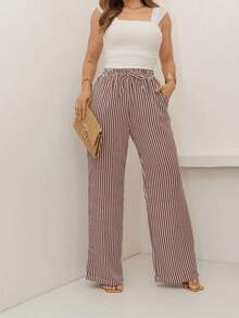 Wide Leg Striped Palazzo Pants With Elastic Waistband And Pockets. - 摩卡棕 - 查看 4