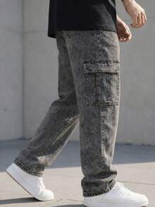 Men's Stonewashed Cargo Jeans With Drawstring Waist And Slight Stretch, Unisex Long, Loose-Fitting Casual Streetwear Skate Pants. - Quần jean mài đá - Xem 3