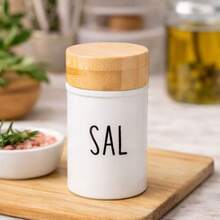 Glass Salt Shaker With The Word "Salt" And Natural Bamboo Lid - Blanco - Ver 2