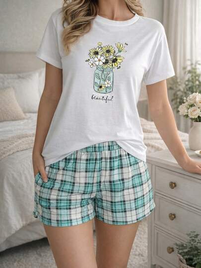 Plus Size Women Allover Printed Relaxed Cottonline Regular Sleep Set With Short And T-Shirt