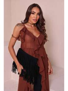 Bata Túnica Feminina Maria, Longa com Babados Fenda Boho Elegante Primavera verão 2026 Casual Chic e sofisticado - Marrom - Visão 4