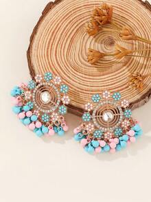 1 par de pendientes con borlas, cuentas redondas huecas y flores de estilo bohemio con diamante de imitación, accesorios de joyería casual y linda adecuados para uso diario de mujeres y niñas, festivales, bodas y fiestas/regalos de joyería - Clásico - Ver 5
