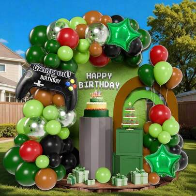 126 件绿色、棕色和黑色气球拱门，电子游戏主题气球花环，带有星星气球和深绿色五彩纸屑气球，适合游戏主题生日派对、婴儿派对、毕业派对、性别揭晓派对装饰。