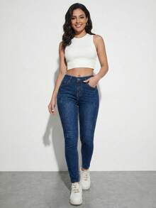 Pantalón Ajustado Negro de Talle Alto: Silueta Ceñida y Botonadura Frontal Decorativa, Denim Elástico para un Ajuste Cómodo. - Azul H2VA15 - Ver 4