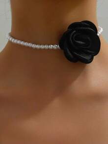 1pc Women's Elegant Faux Pearl Fabric Flower Beaded Necklace, Suitable For Party Wear - Grey - View 2