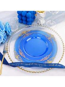 50pcs/25pcs/20pcs/10pcs 7.5inch/10.25inch Transparent Blue Rimmed Plates, Available In Glass Or Plastic Material, Western Dinner Plates, Party Plates, Pasta Plates, Reusable Blue Rimmed Plates, Transparent Blue Baroque Style Plates With Gold Foil Rim, Suitable For Party, Banquet, Wedding, New Year, Valentine's Day, Premium Plate Set - Blue - View 5