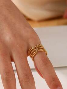 1pc 18K Gold Plated Stainless Steel Geometric Line Design Open Ring, Suitable For Women's Daily And Party Wear - Gold - View 1