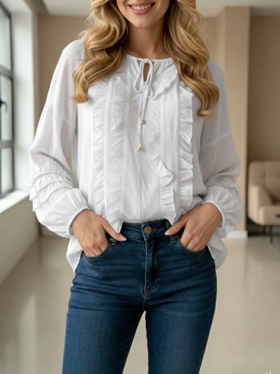 Women's Blouse / Cotton / With Ruffle Front / With Ruffle Details On Sleeves / Super Comfortable / Pleated Knot / Vacation Home - White - View 1
