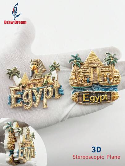 1pc Resin Egyptian Sphinx With Hieroglyphics Fridge Magnet, Nile River Boat & Pyramid Temple Travel Souvenir 3D Gift, Suitable For Kitchen, Office, Home, Cabinet, Dishwasher Decoration
