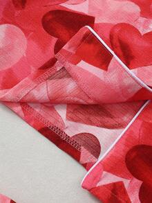 爱心印花女士短袖长裤睡衣套装 - 紅色 - 查看 6