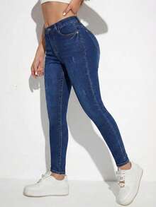 Pantalón Ajustado Negro de Talle Alto: Silueta Ceñida y Botonadura Frontal Decorativa, Denim Elástico para un Ajuste Cómodo. - Azul H2VA15 - Ver 5