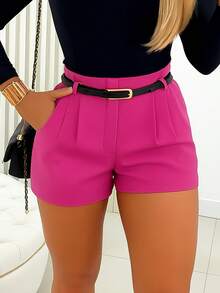 Women's Tailored Shorts With Belt - Pink. - View 2