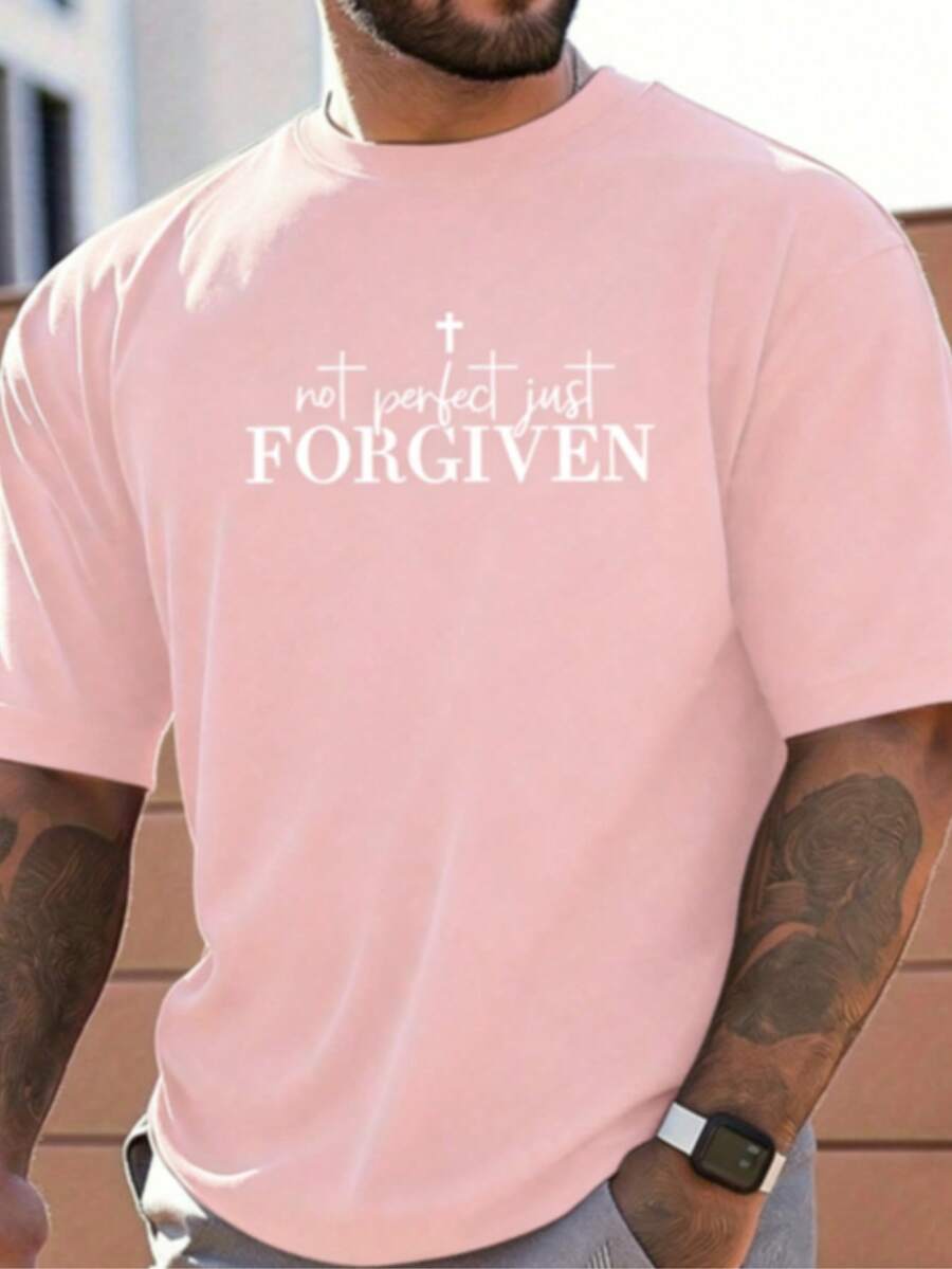 Men's T-Shirt - Black Religious Graphic Tee With "Not Perfect Just FORGIVEN" Cross Print - Heavyweight 100% Cotton Shirt For Gym, Church, Casual Attire - Loose Fit Breathable Casual Top - Machine Washable Christian Apparel, Gym Clothing, Statement Design, Comfortable Material, Short Sleeve Shirt, Faithbased Fashion2025 - 粉色 - 查看 1