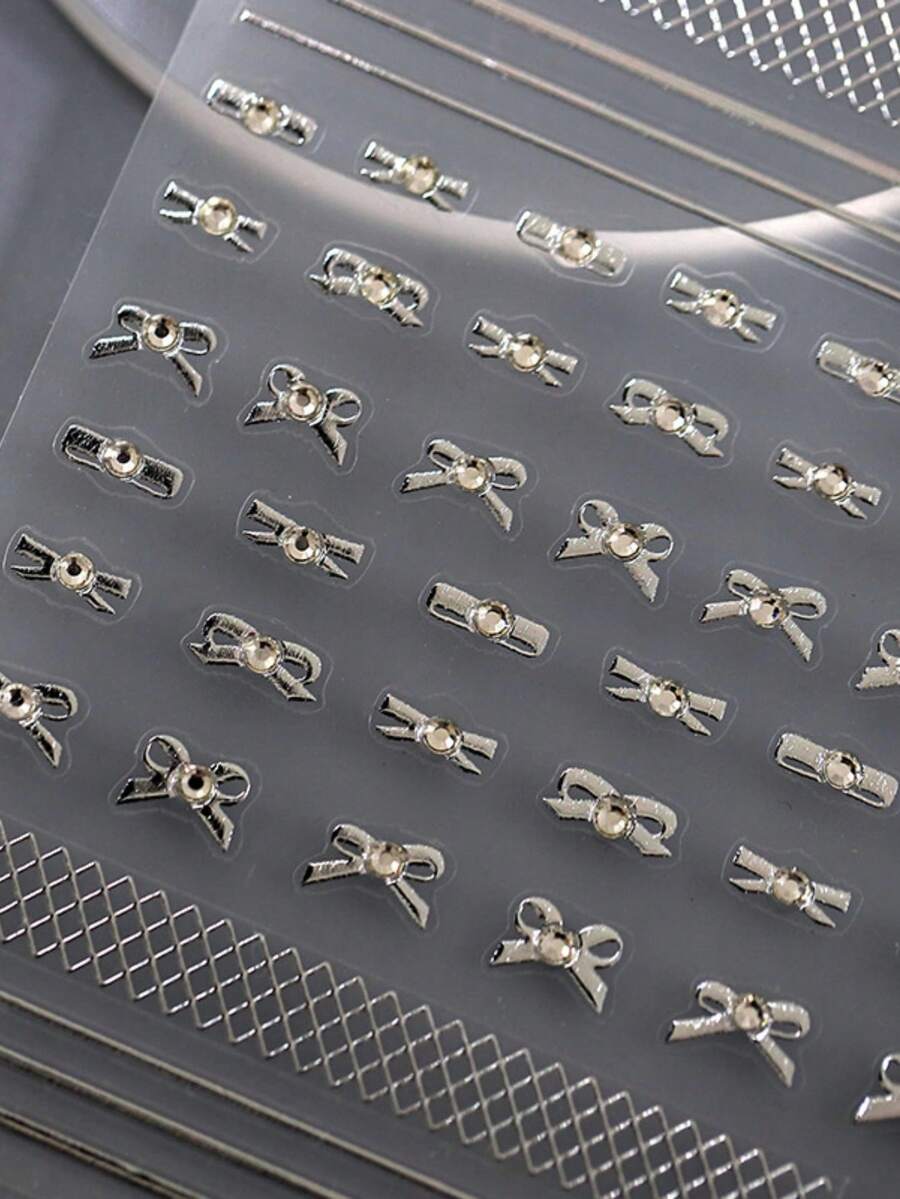 1 pieza Lazo plateado Cinta francesa minimalista Nudo de corbata Pegatinas de arte de uñas 5D Elegante decoración de uñas moderna Adhesivos para manicura para mujeres - Multicolor - Ver 1