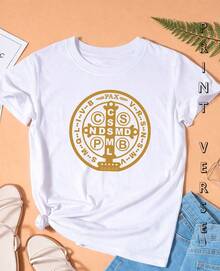 Women's T-Shirt With Saint Benedict Medal, Religious Baby Look, Christian, Catholic Faith, The Holy Cross, Shield Of Divine Protection. - 白色 - 查看 1