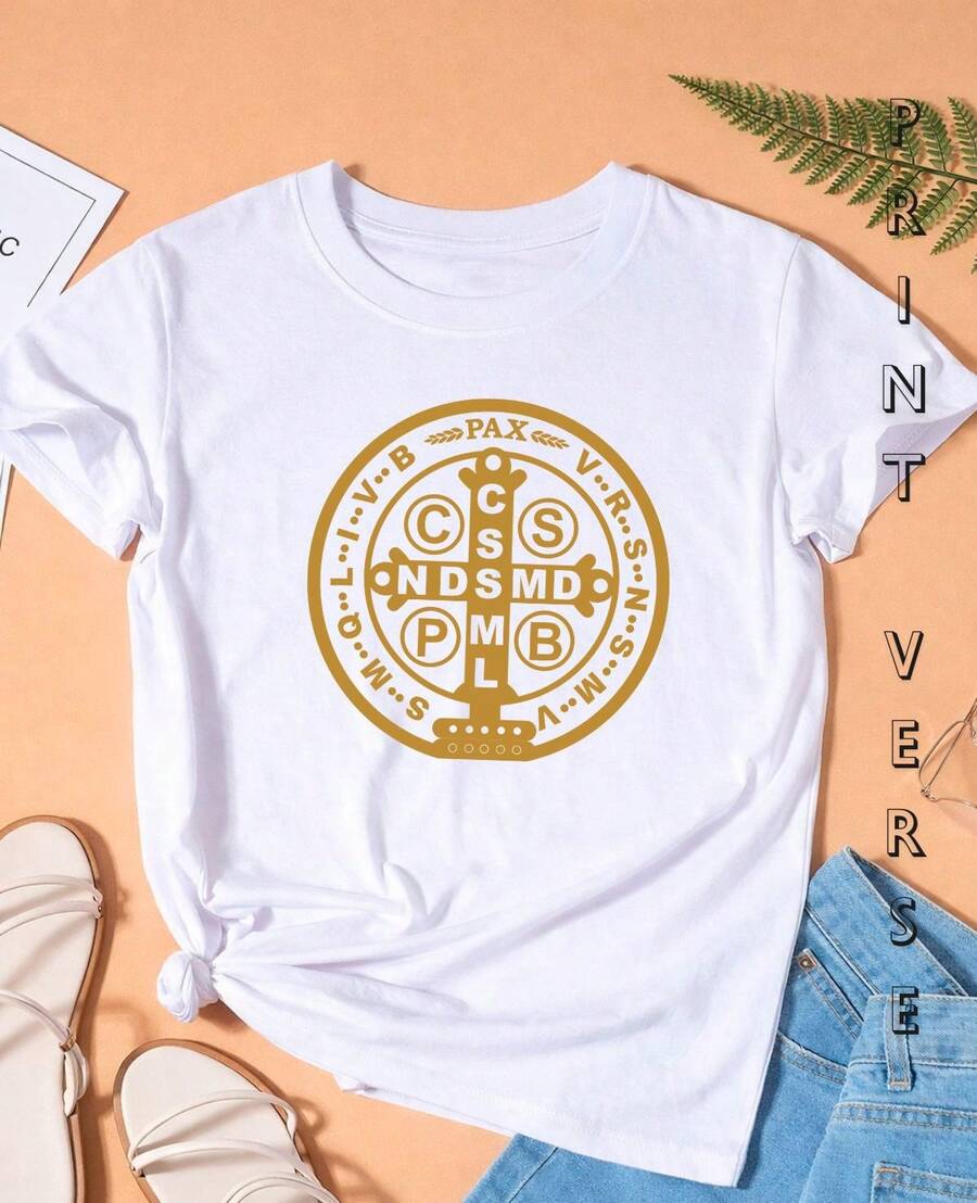 Women's T-Shirt With Saint Benedict Medal, Religious Baby Look, Christian, Catholic Faith, The Holy Cross, Shield Of Divine Protection. - 白色 - 查看 1