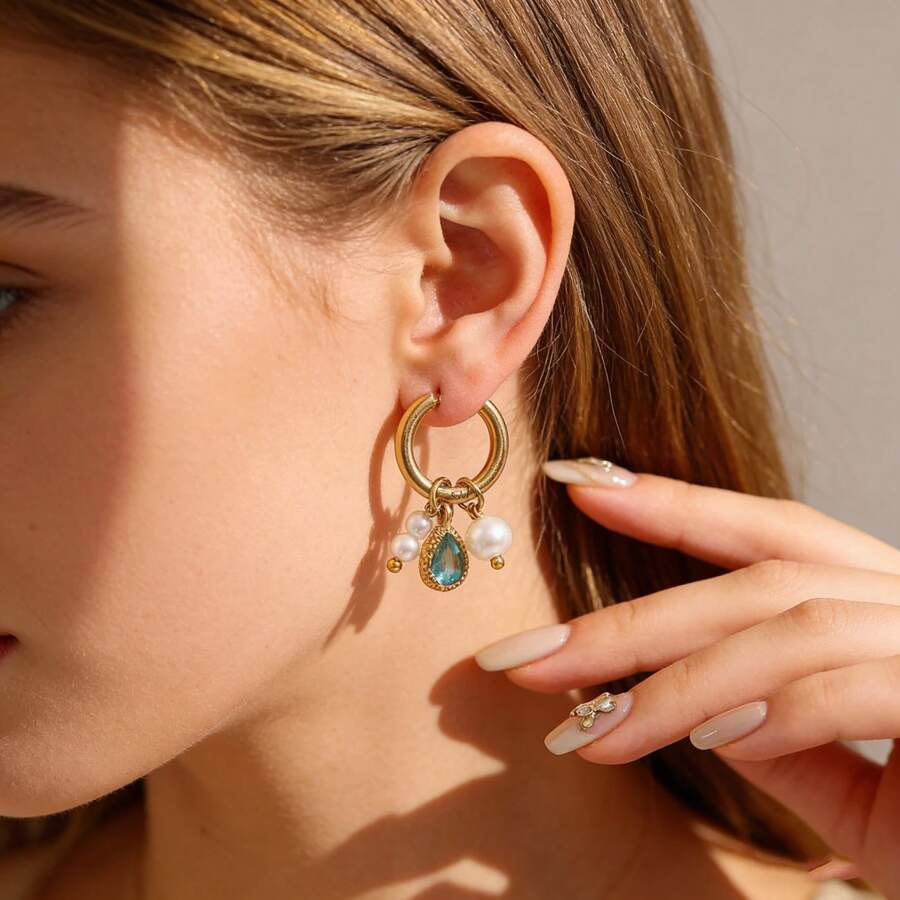 复古金色不锈钢耳环，饰以水滴形宝石和仿珍珠吊坠，优雅女士耳环 - 金色 - 查看 1