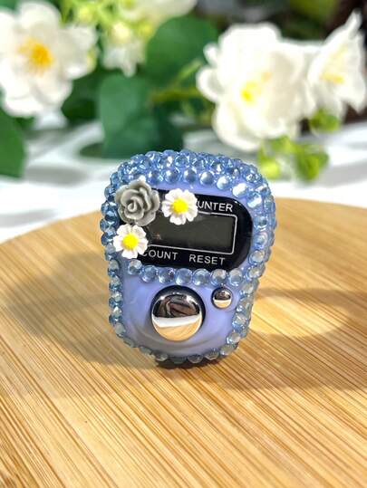 Bague électronique avec fleur et strass (fonction de réinitialisation, taille de bague réglable) + Compteur de bague, plusieurs couleurs disponibles (convient pour la prière du Ramadan, suivi des activités)