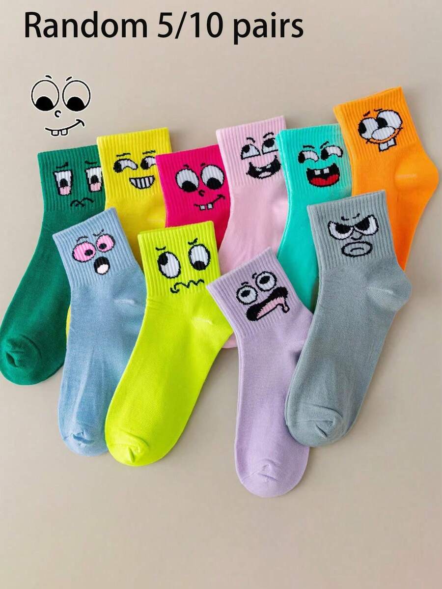 5/10双趣味表情印花中筒袜，男女皆宜的学院风春夏袜 - 彩色 - 查看 1